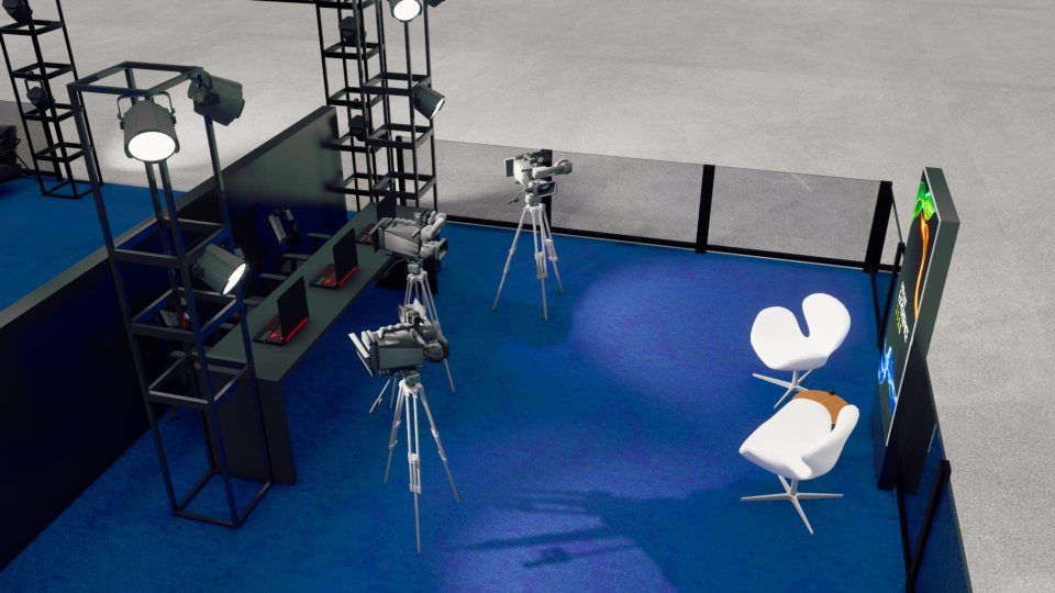 Render arquitetônico do projeto do Lounge Comunidade mostrando a área de gravação de podcast