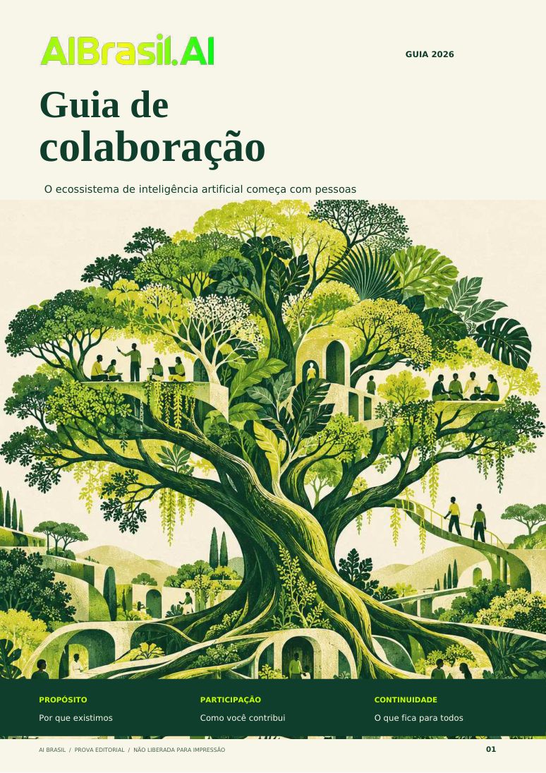 Capa da prova editorial do Guia de Colaboração AI Brasil, com ilustração de um ecossistema e o título Guia de colaboração