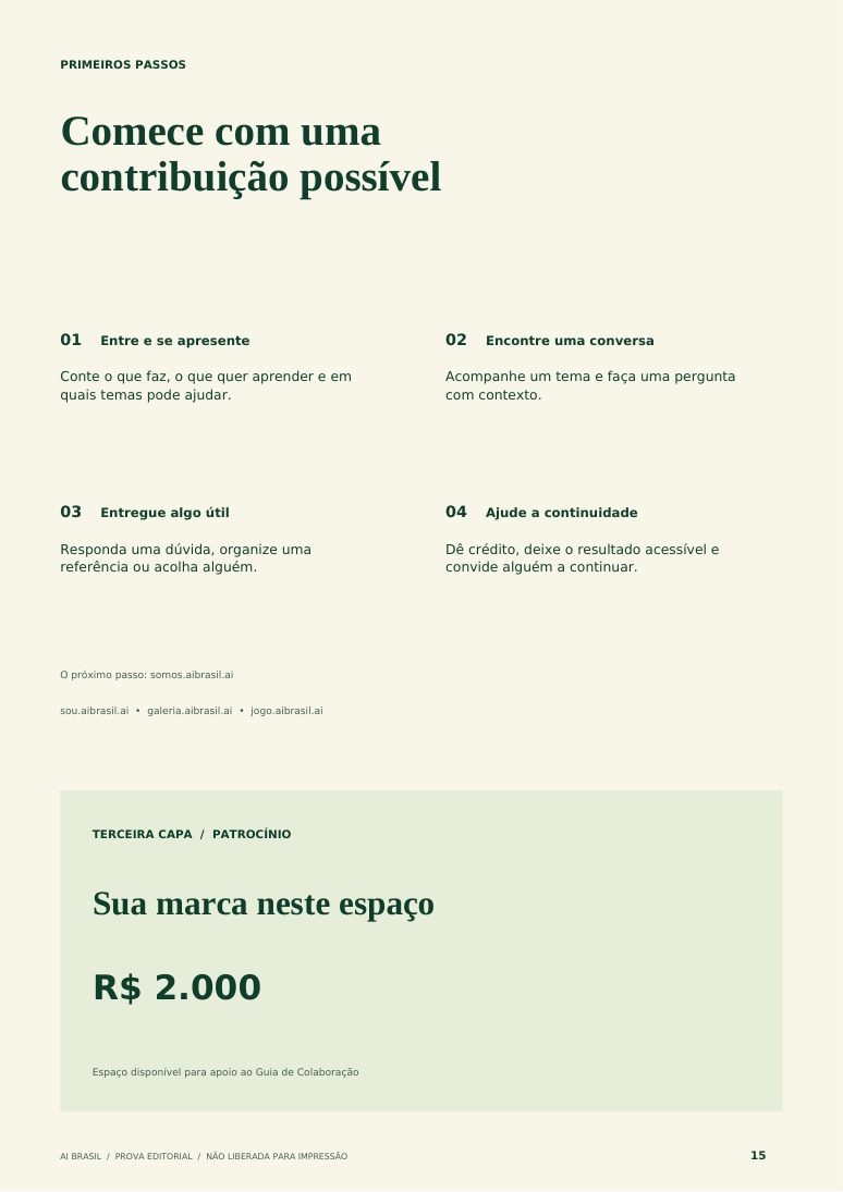 Página 15 da prova editorial com espaço de apoio da terceira capa no valor de dois mil reais