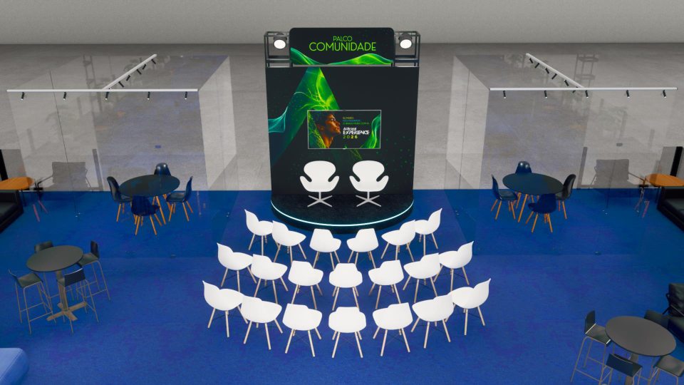 Render arquitetônico do Palco Comunidade com cadeiras e fundo de palco