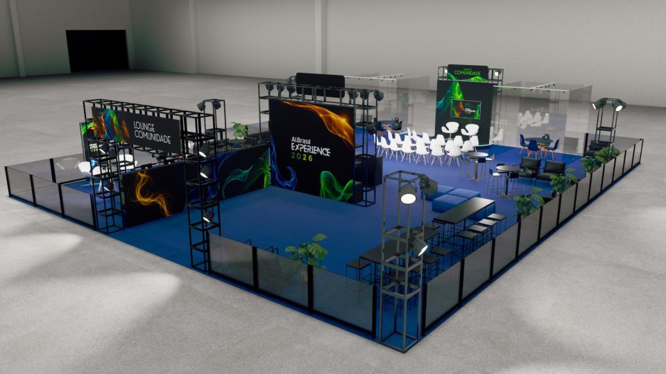 Vista geral do projeto arquitetônico do Lounge Comunidade, usada apenas como contexto e sem identificar uma Sala VIP específica