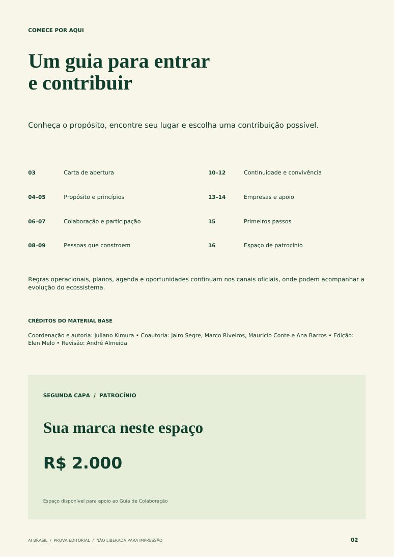 Página 2 da prova editorial com sumário e espaço de apoio da segunda capa no valor de dois mil reais