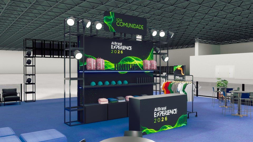 Render arquitetônico da Loja Comunidade com estrutura e exposição de peças